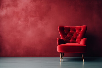 Wall Mural - Beautiful luxury classic velvet red clean interior room in classic style with velvet red soft armchair. Vintage antique velvet chair standing beside emerald wall. Minimalist home design. High quality