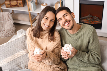 Sticker - Loving couple holding cups of cocoa with marshmallows at home on winter day