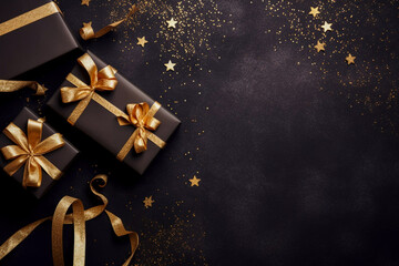 Wall Mural - Festive Christmas new year celebration image with gift boxes stars and glitter on a black frosty background Christmas holiday greeting card image desktop wallpaper with copy space