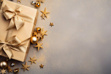 Wall Mural - Festive Christmas and new year celebration image with gift boxe stars and baubles on a frosty background Christmas holiday greeting card image desktop wallpaper with copy space