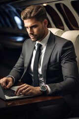 Wall Mural - Handsome businessman sits at his desk in his luxury superjet and looks at a laptop