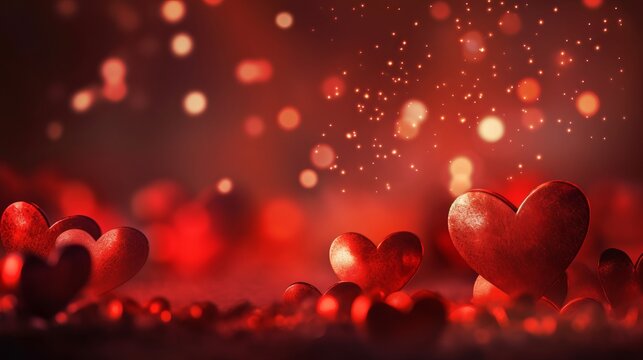 Valentine's day background banner panorama. Red hearts and bokeh lights on red festive texture. Valentine day or 8 march background. Magic concept. New Year concept. Celebrate concept.