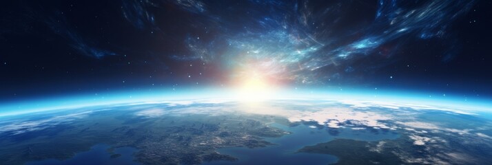 Wall Mural - earth sunrise from space. stunning view of the blue planet and rising sun