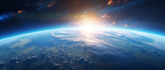 Wall Mural - earth sunrise from space. stunning view of the blue planet and rising sun