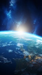 Wall Mural - earth sunrise from space. stunning view of the blue planet and rising sun