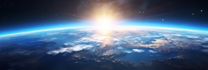 Wall Mural - earth sunrise from space. stunning view of the blue planet and rising sun