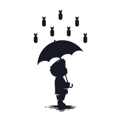 Wall Mural - Stop the war text with a silhouette illustration of Children protecting themselves from rain bombs using an umbrella. Sign icon vector Illustration of World War crisis isolated on black background.