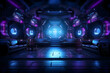 Futuristic sci-fi stage with neon lights and reflective floor, leading to a bright portal.