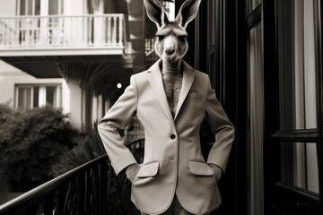 Sticker - A kangaroo in a suit is standing on a balcony. Generative AI.