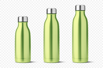 Wall Mural - Vector Realistic 3d Green Blank Glossy Metal Reusable Water Bottle Icon Set with Silver Bung Closeup Isolated on White Background. Design Template of Packaging Mockup. Front View