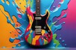 Guitarra colorida, ao fundo painel com tintas de várias cores derramadas. (gerado com ia)