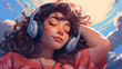 Lo-Fi young woman with a content look on her face, has her eyes closed listening to music on her headphones