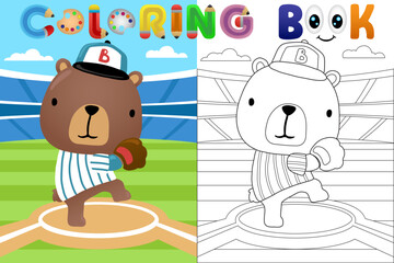 Wall Mural - Vector cartoon illustration, cute bear in baseball match in baseball stadium, coloring book or page