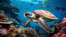 Close Up A Majestic Sea Turtle Swims Gracefully In An Underwater Environment