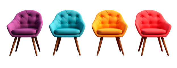 Wall Mural - Comfy modern Scandinavian chairs in different vibrant colors. Isolated transparent background