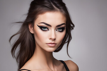 portrait of a woman rocking a cat eye makeup style focusing on the winged eyeliner. AI generated