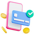 © Yumo - Mobile phone with card, successful mobile payment symbol 3d illustration