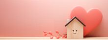 A Happy, Smiling Wooden House With  Red Heart And Flowers Behind On Pastel Background, Valentine's Day, Home Sweet Home, Marriage Relationship, Wedding, Love Concept Banner Design With Copy Space 