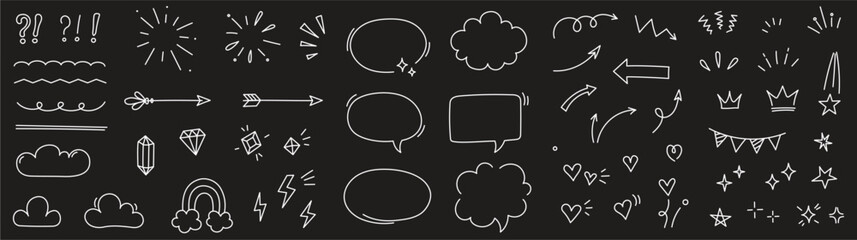 Aufkleber - Sketch line arrow element, star, heart shape on chalkboard background. Hand drawn doodle sketch style circle, cloud speech bubble grunge element. Arrow, star, heart decoration. Vector illustration