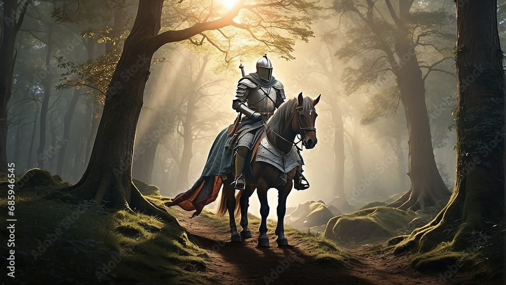 Picture a medieval knight on horseback, clad in armor, traversing a ...