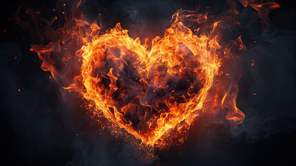Wall Mural - a heart shaped fire on a black background