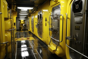 Canvas Print - A high-tech decontamination room with multiple doors, featuring a sleek yellow interior and a dark, reflective floor. Generative AI.