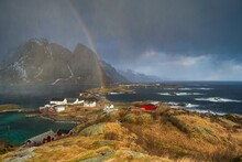 Thunderstorm Atmosphere And Rainbow Over The Islands Sakrisoy And Hamnoy, Reine, Moskenesoya, Lofoten, Norway, Europe