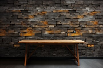 Wall Mural - Wood table against black brick wall backdrop wallpaper.