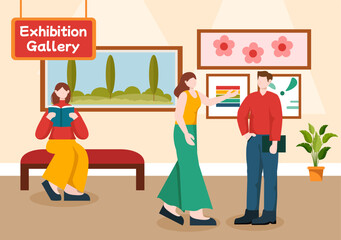 Wall Mural - Exhibition Visitors Viewing a Gallery with Modern Abstract Painting at Contemporary in Exposition Hall in Flat Cartoon Background Vector Illustration