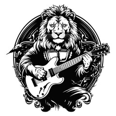 Wall Mural - Lion playing electric guitar, funny t-shirt design, vector illustration.