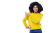 © Suresh/peopleimages.com - Portrait, happy woman and pointing with smile for promotion, opportunity or offer with suggestion. Black person, curly hair and fashion with announcement on isolated or transparent png background
