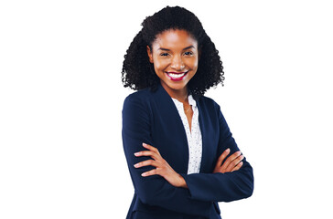 Poster - Portrait, happy and a corporate black woman arms crossed isolated on a transparent background for work. Business, mission and smile with a confident young employee on PNG for her professional career