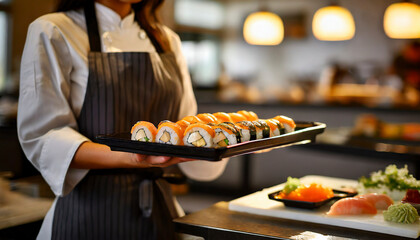 Wall Mural - close up of a tray full of sushi in restaurant, chef preparing food