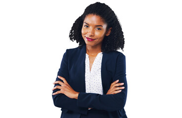 Poster - Portrait, business and a professional black woman arms crossed isolated on a transparent background for work. Smile, mission and happy with a confident young employee on PNG for her corporate career
