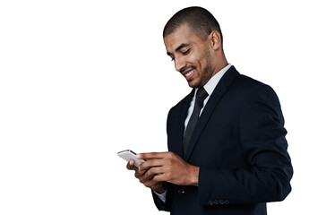 Aufkleber - Cellphone, business communication or happy man typing corporate feedback, online research or search agency database. Network connection, mobile phone and agent isolated on transparent, png background