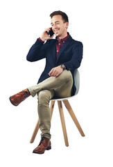 Poster - Businessman, cellphone and phone call for networking, communication or isolated on transparent png background. Mobile, professional and smile for business conversation, consulting and accountant