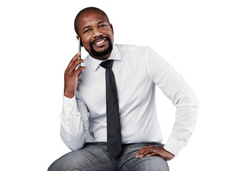 Poster - Phone call, professional portrait and happy black man consulting, talking and chat with corporate contact. Business advice, mobile cellphone or African manager isolated on transparent, png background