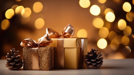 Poster - Christmas gift box with pine cones on blur golden background