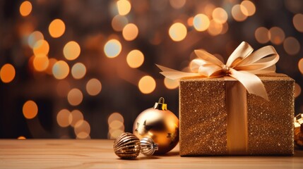 Poster - Gold box and golden balls on blur background. Christmas gifts
