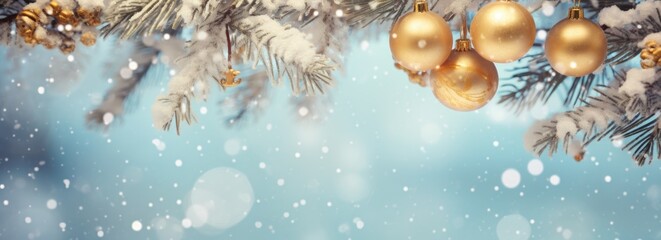 Poster - Winter background spruce branches decorated with christmas lights with snow white background. Tree branches close up.