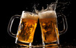 Two glasses of beer in cheers gesture, splashing out. Isolated on black background.