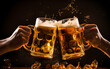 Two glasses of beer in cheers gesture, splashing out. Isolated on black background.
