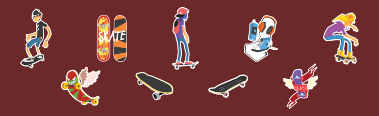 Wall Mural - Skateboard Modern Colorful Sticker as Active Street Sport Vector Set