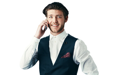 Poster - Business man, phone call and portrait for communication, networking and information on formal event. Happy professional person in suit with mobile chat or FAQ isolated on a transparent PNG background