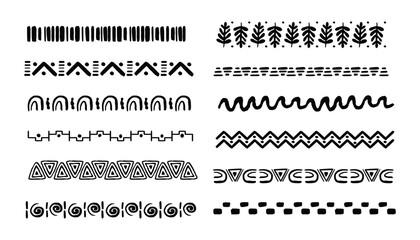 Set african tribal motive border in doodle hand drawn style from geometrical shapes isolated on white background. boho scandinavian srtoke, traditional native decor.
