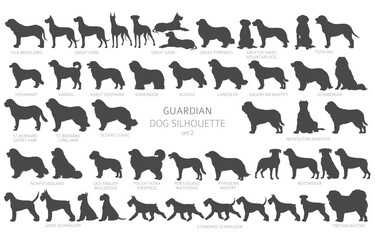 Wall Mural - Dog breeds silhouettes, simple style clipart. Guardian dogs and service dog collection