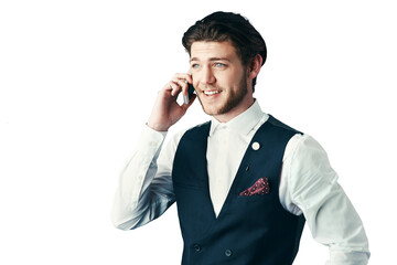 Poster - Happy businessman, phone call and communication in fashion suit isolated on a transparent PNG background. Man or employee talking on mobile smartphone in business conversation, discussion or chatting