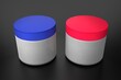 two plastic jar with white powder, red and blue cap