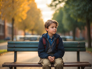 Full shot boy sitting park sad expression