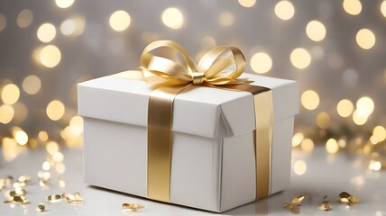 Wall Mural - White Gift box with gold ribbon and bows, beautiful and luxury gift, lights blurry background.